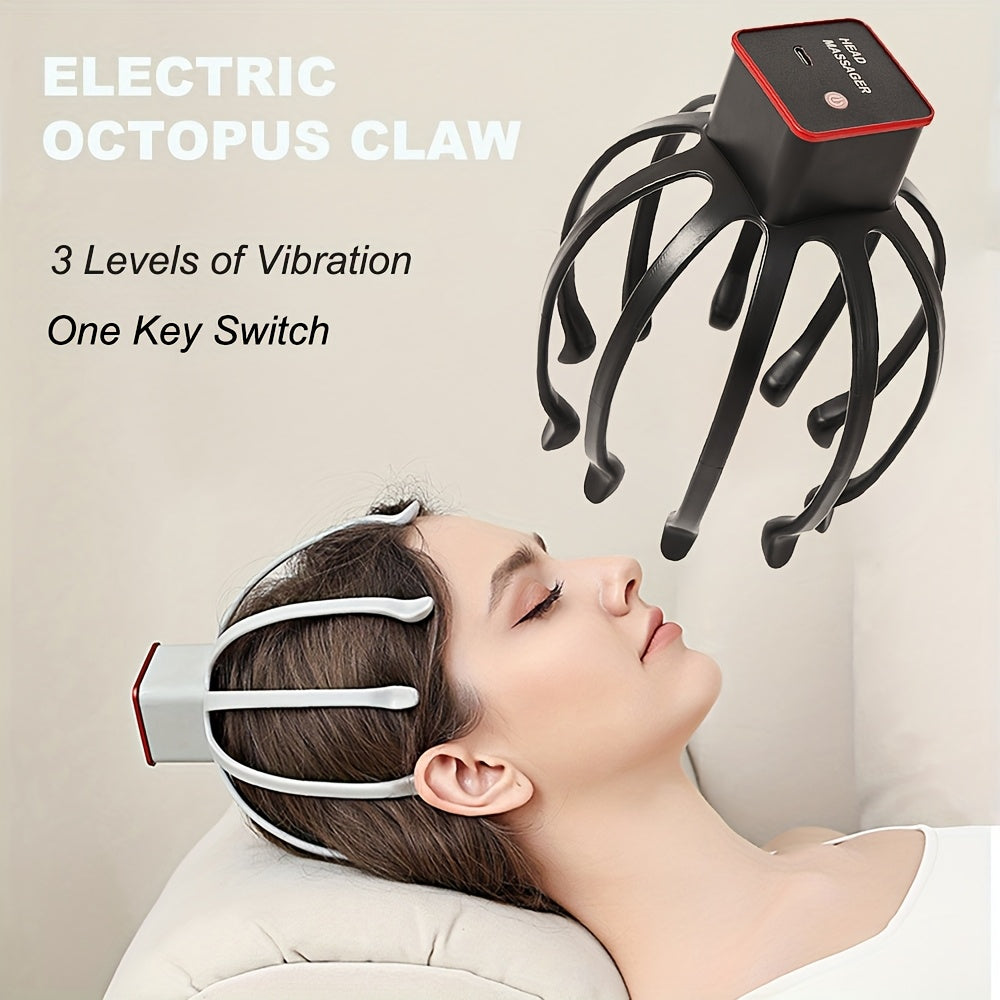Masseur de cuir chevelu électrique en forme de pieuvre, rechargeable par USB, 3 vitesses réglables, mini outil de vibration portable, expérience de massage ultime, cadeau idéal pour hommes et femmes