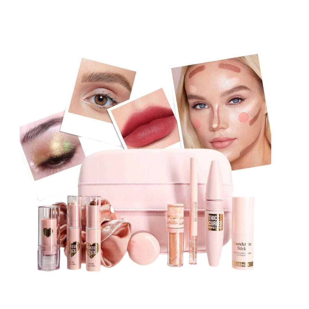 Makeup Kits for Teen Girls,Lipstick, Contour Stick, Highlighter Stick, Eye Shadow, Lip Mud, 2-In-1 Eyebrow Pencil, Foundation Stick, Mascara and Hair Tie,R Makeup Gift Set for Women（Cosmetic Bag）