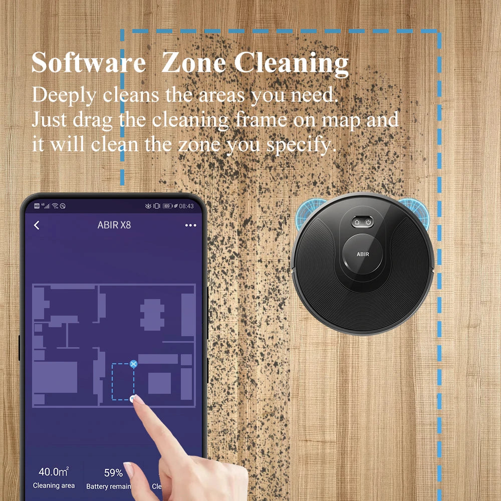 ABIR X8 Robot Vacuum Cleaner ,Laser System, Multiple Floors Maps, Zone Cleaning,Restricted Area Setting for Home Carpet Cleaning.