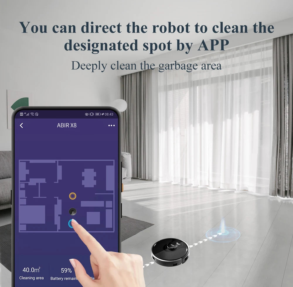 ABIR X8 Robot Vacuum Cleaner ,Laser System, Multiple Floors Maps, Zone Cleaning,Restricted Area Setting for Home Carpet Cleaning.
