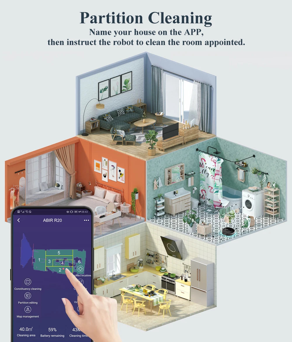 ABIR X8 Robot Vacuum Cleaner ,Laser System, Multiple Floors Maps, Zone Cleaning,Restricted Area Setting for Home Carpet Cleaning.