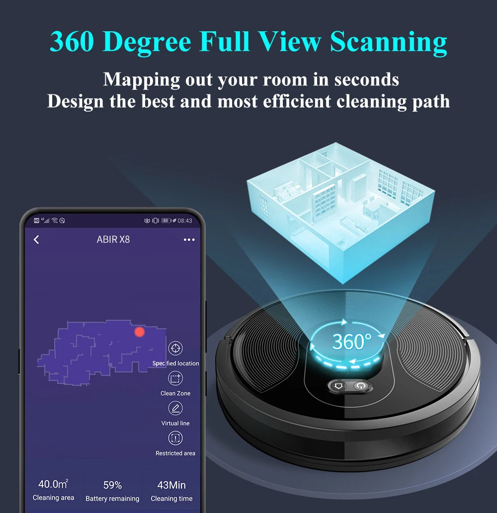 ABIR X8 Robot Vacuum Cleaner ,Laser System, Multiple Floors Maps, Zone Cleaning,Restricted Area Setting for Home Carpet Cleaning.