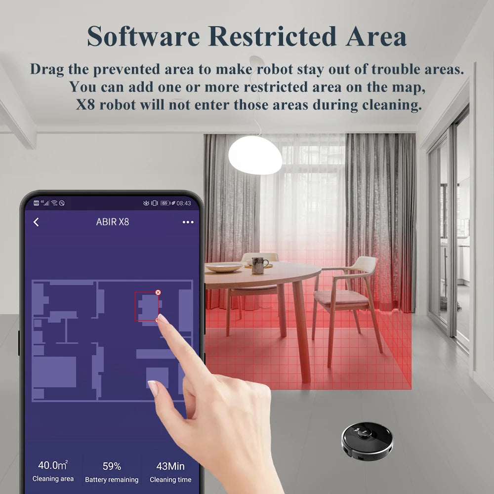 ABIR X8 Robot Vacuum Cleaner ,Laser System, Multiple Floors Maps, Zone Cleaning,Restricted Area Setting for Home Carpet Cleaning.