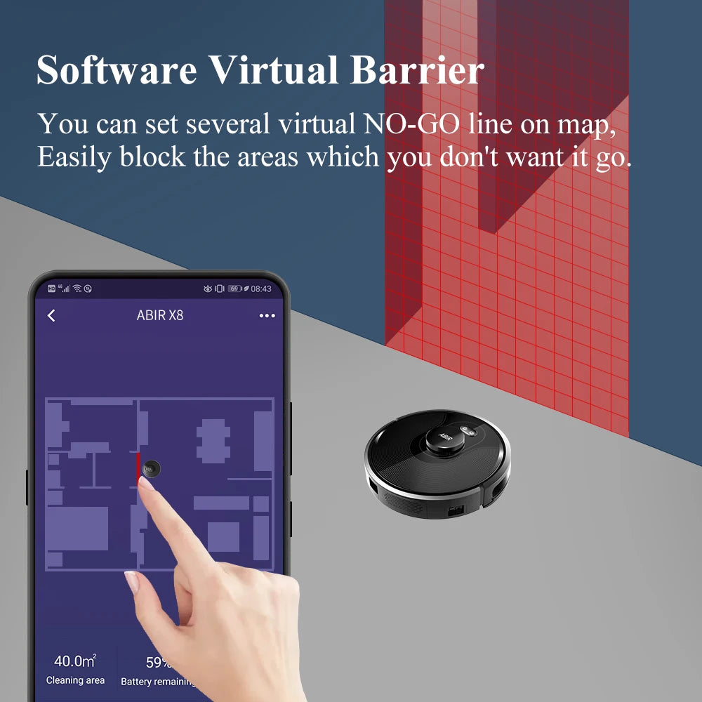 ABIR X8 Robot Vacuum Cleaner ,Laser System, Multiple Floors Maps, Zone Cleaning,Restricted Area Setting for Home Carpet Cleaning.