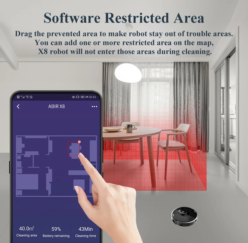 ABIR X8 Robot Vacuum Cleaner ,Laser System, Multiple Floors Maps, Zone Cleaning,Restricted Area Setting for Home Carpet Cleaning.