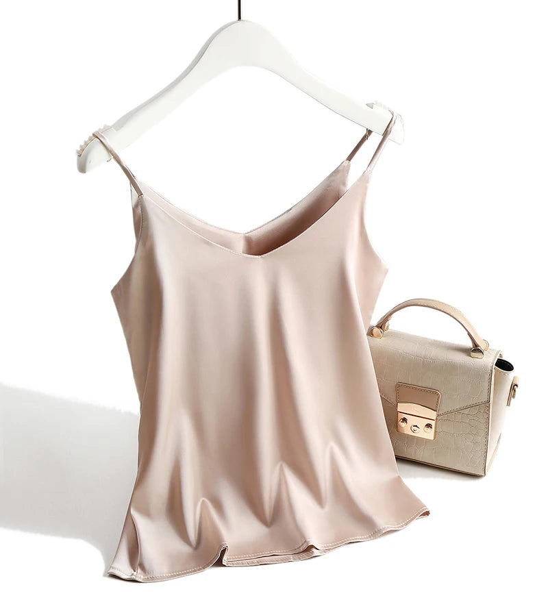AOSSVIAO 2026 Spaghetti Strap Top Women Halter V Neck Basic White Cami Sleeveless Satin Silk Tank Tops Women'S Summer Camisole.