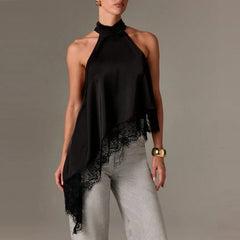 Women Y2k Mock Neck Halter Top Satin Lace Asymmetrical Hem Tank Tops Sleeveless Elegant Going Out Crop Tops.