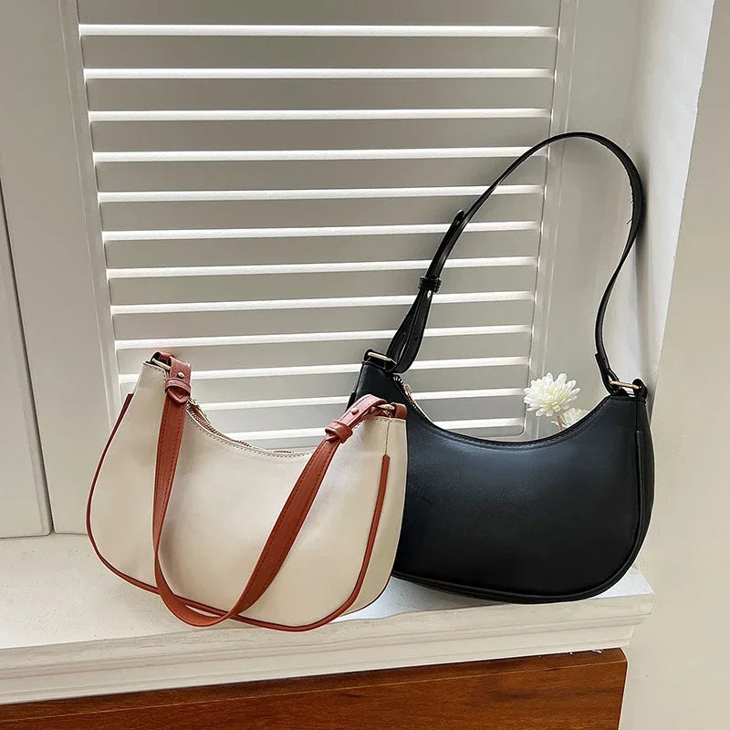 Women Luxury Solid Color PU Leather Shoulder Clutch Underarm Casual Tote Bag.