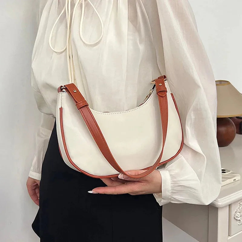 Women Luxury Solid Color PU Leather Shoulder Clutch Underarm Casual Tote Bag.