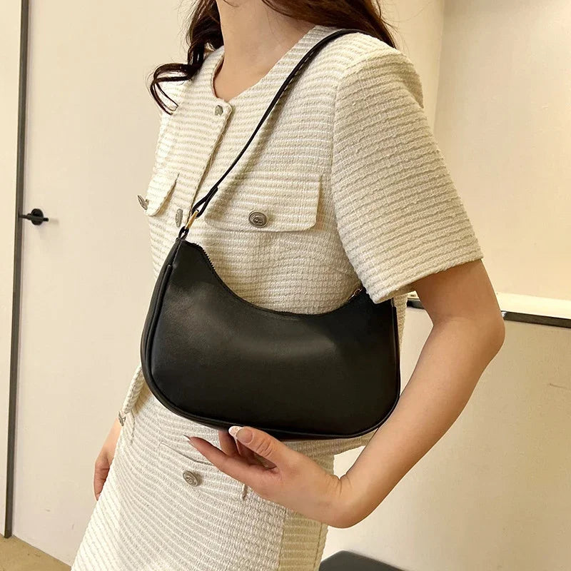 Women Luxury Solid Color PU Leather Shoulder Clutch Underarm Casual Tote Bag.