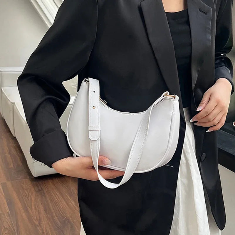 Women Luxury Solid Color PU Leather Shoulder Clutch Underarm Casual Tote Bag.