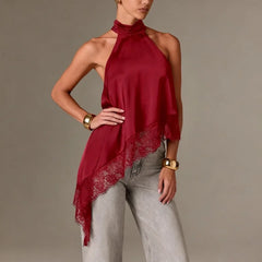 Women Y2k Mock Neck Halter Top Satin Lace Asymmetrical Hem Tank Tops Sleeveless Elegant Going Out Crop Tops.