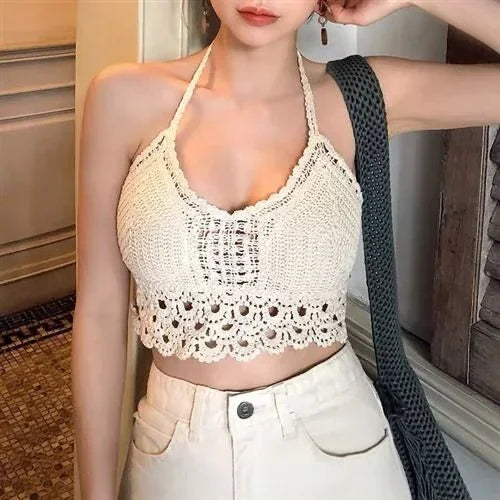 2026 Crop Tops Retro Wild Hollow Perspective Tassel Sexy Spaghetti Strap Tanke Top Women Built In Bra New Back Lace Halter Neck.