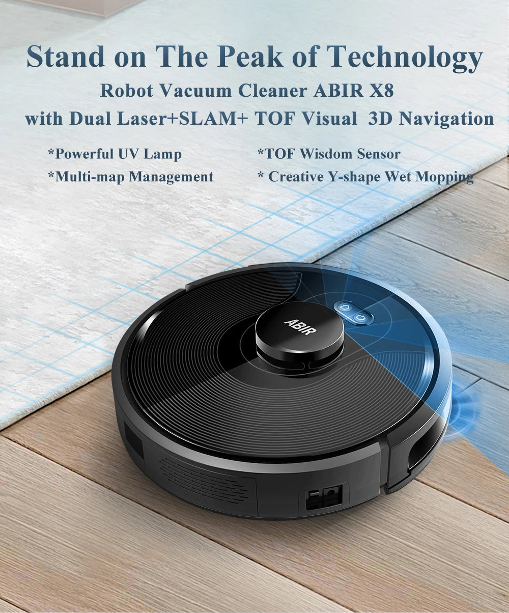 ABIR X8 Robot Vacuum Cleaner ,Laser System, Multiple Floors Maps, Zone Cleaning,Restricted Area Setting for Home Carpet Cleaning.