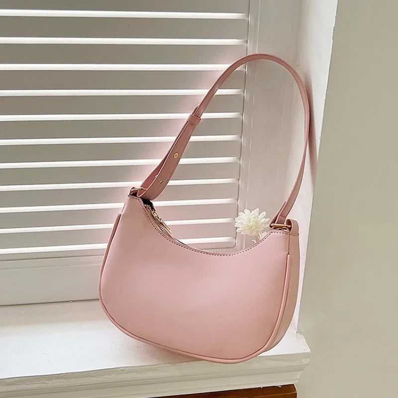Women Luxury Solid Color PU Leather Shoulder Clutch Underarm Casual Tote Bag.