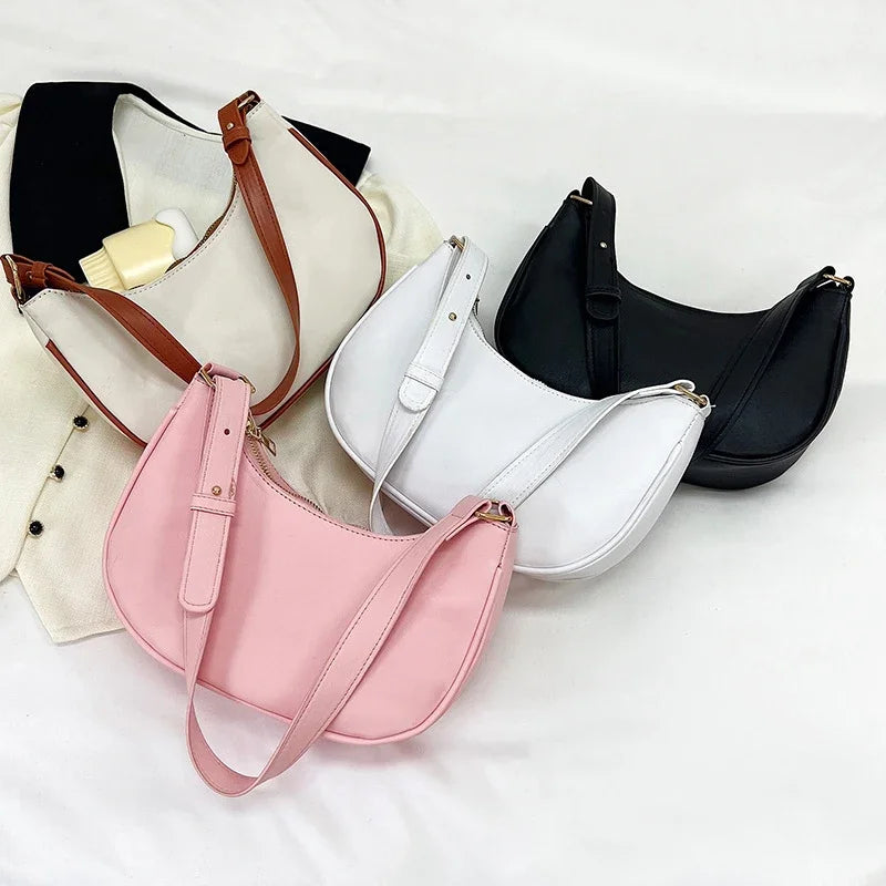 Women Luxury Solid Color PU Leather Shoulder Clutch Underarm Casual Tote Bag.