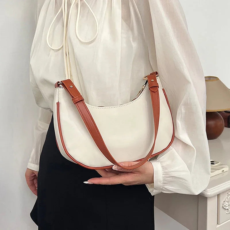 Women Luxury Solid Color PU Leather Shoulder Clutch Underarm Casual Tote Bag.