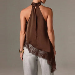 Women Y2k Mock Neck Halter Top Satin Lace Asymmetrical Hem Tank Tops Sleeveless Elegant Going Out Crop Tops.