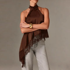 Women Y2k Mock Neck Halter Top Satin Lace Asymmetrical Hem Tank Tops Sleeveless Elegant Going Out Crop Tops.