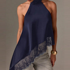 Women Y2k Mock Neck Halter Top Satin Lace Asymmetrical Hem Tank Tops Sleeveless Elegant Going Out Crop Tops.