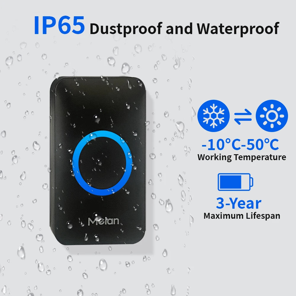 Meian Smart Home Doorbell Wireless Security Doorbell IP65 Waterproof Outdoor Door Bell 60 Songs 5 Volume Adjustable Chime Kit.