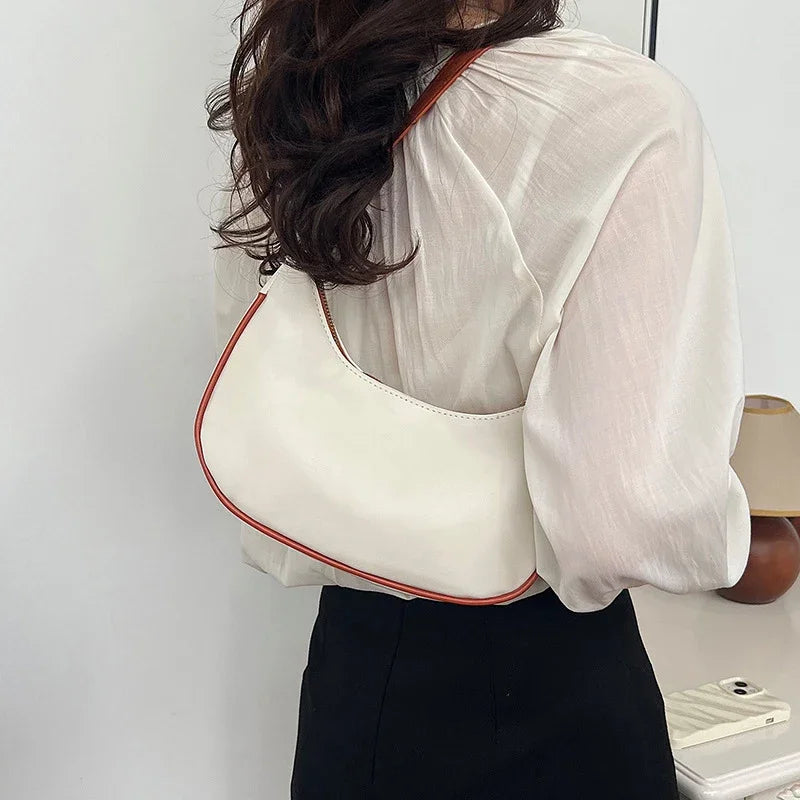 Women Luxury Solid Color PU Leather Shoulder Clutch Underarm Casual Tote Bag.