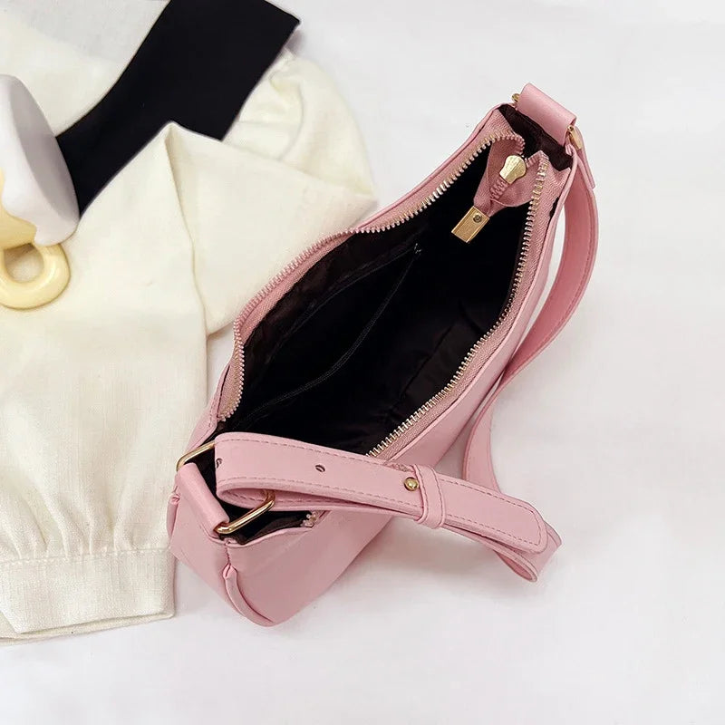 Women Luxury Solid Color PU Leather Shoulder Clutch Underarm Casual Tote Bag.