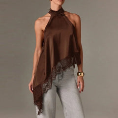 Women Y2k Mock Neck Halter Top Satin Lace Asymmetrical Hem Tank Tops Sleeveless Elegant Going Out Crop Tops.