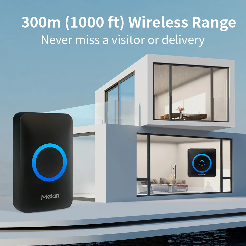 Meian Smart Home Doorbell Wireless Security Doorbell IP65 Waterproof Outdoor Door Bell 60 Songs 5 Volume Adjustable Chime Kit.