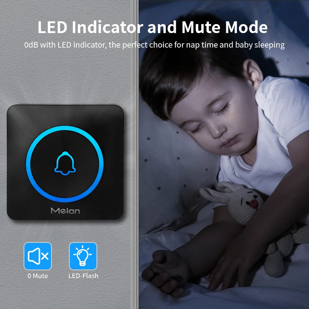 Meian Smart Home Doorbell Wireless Security Doorbell IP65 Waterproof Outdoor Door Bell 60 Songs 5 Volume Adjustable Chime Kit.
