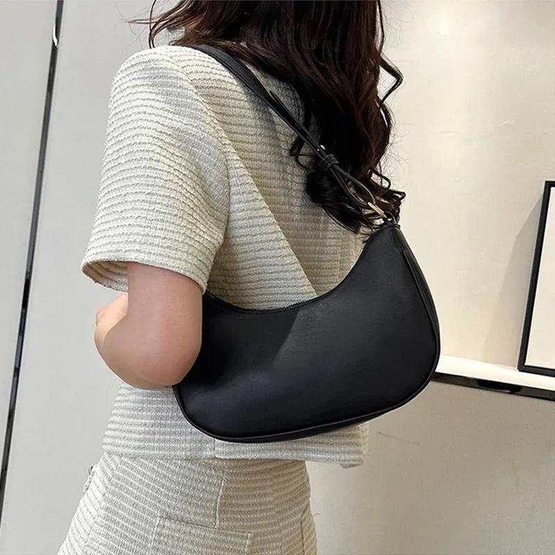 Women Luxury Solid Color PU Leather Shoulder Clutch Underarm Casual Tote Bag.