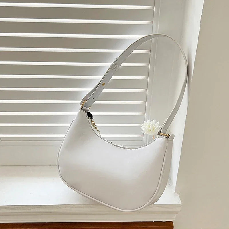 Women Luxury Solid Color PU Leather Shoulder Clutch Underarm Casual Tote Bag.