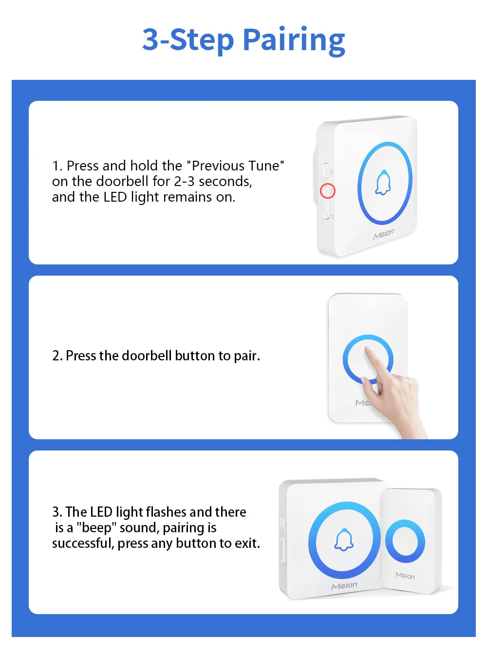 Meian Smart Home Doorbell Wireless Security Doorbell IP65 Waterproof Outdoor Door Bell 60 Songs 5 Volume Adjustable Chime Kit.