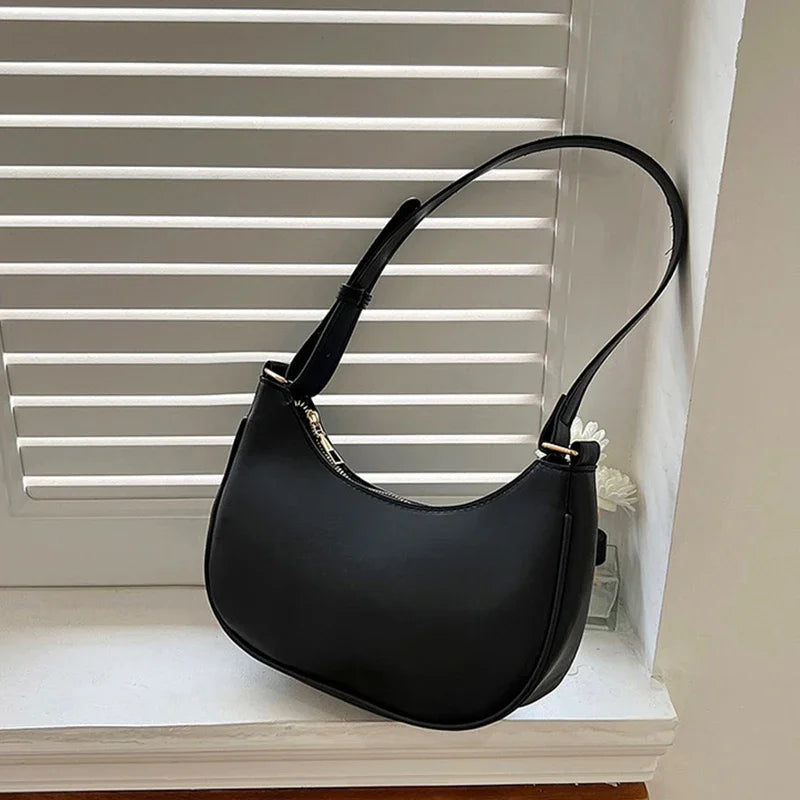 Women Luxury Solid Color PU Leather Shoulder Clutch Underarm Casual Tote Bag.