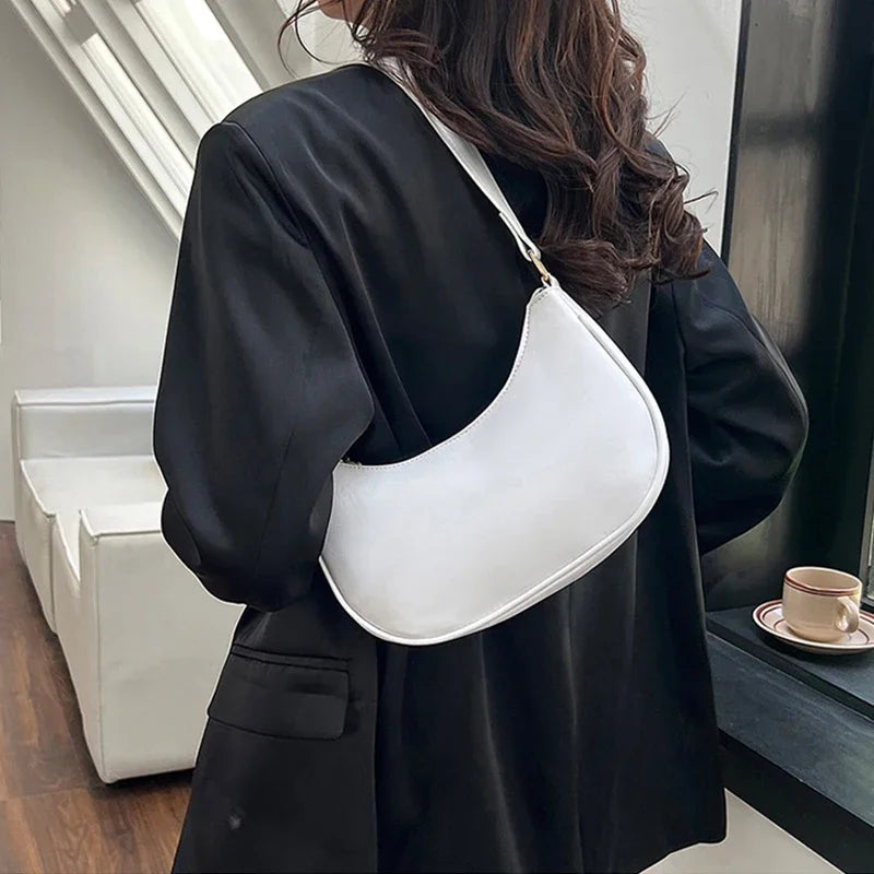 Women Luxury Solid Color PU Leather Shoulder Clutch Underarm Casual Tote Bag.