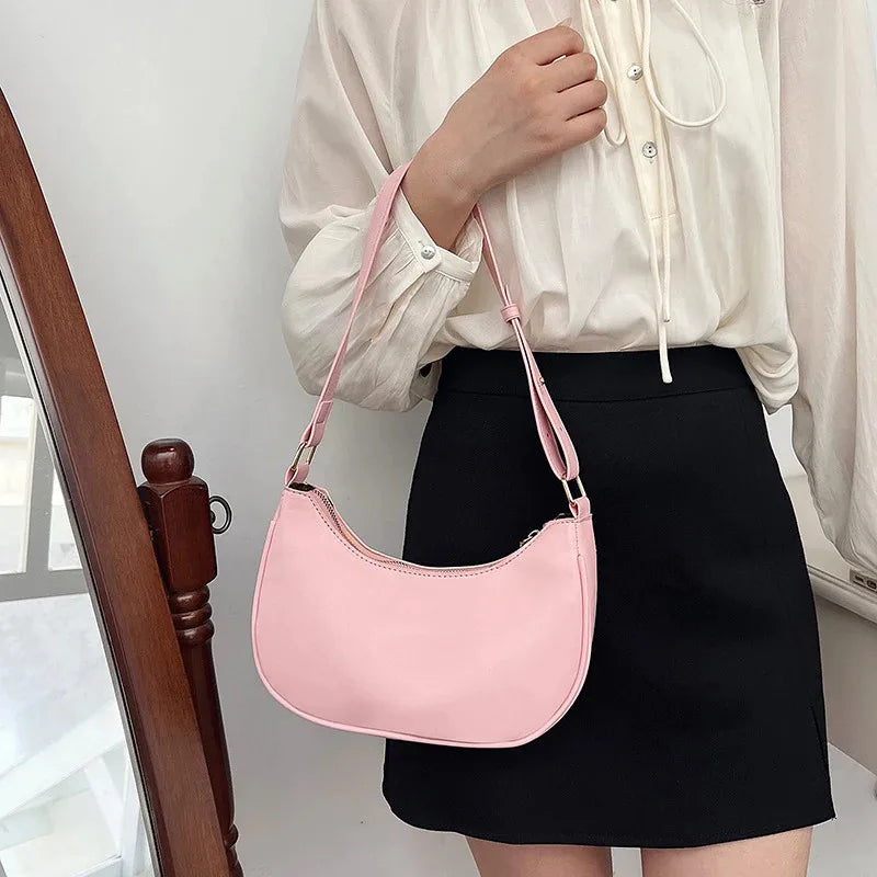 Women Luxury Solid Color PU Leather Shoulder Clutch Underarm Casual Tote Bag.