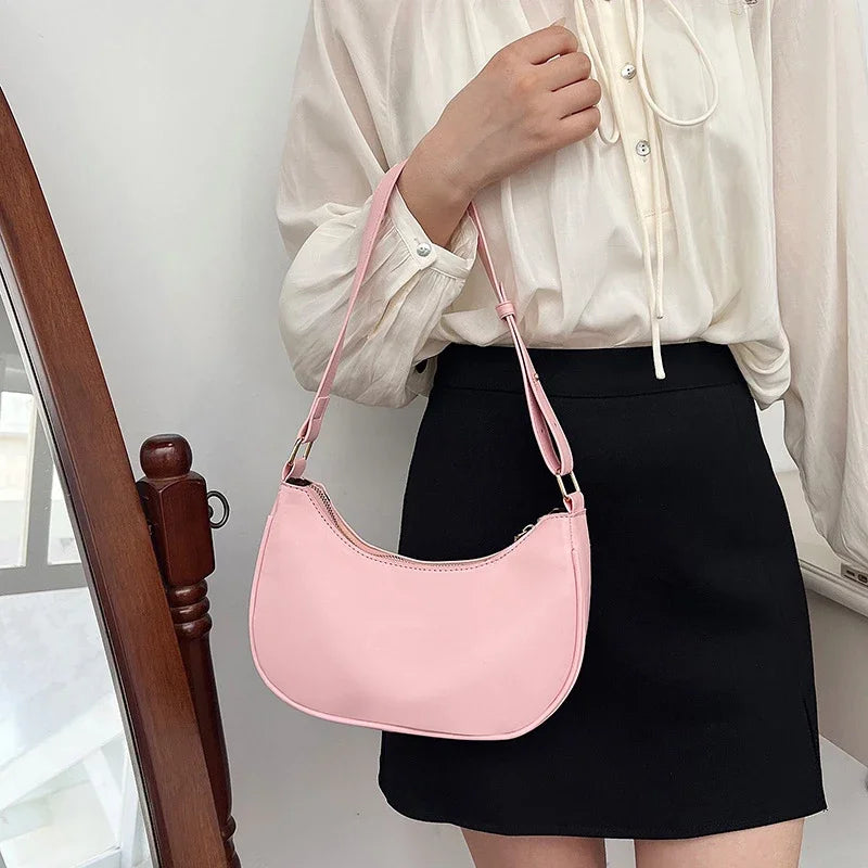 Women Luxury Solid Color PU Leather Shoulder Clutch Underarm Casual Tote Bag.