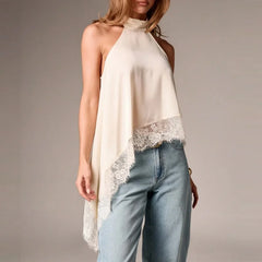 Women Y2k Mock Neck Halter Top Satin Lace Asymmetrical Hem Tank Tops Sleeveless Elegant Going Out Crop Tops.
