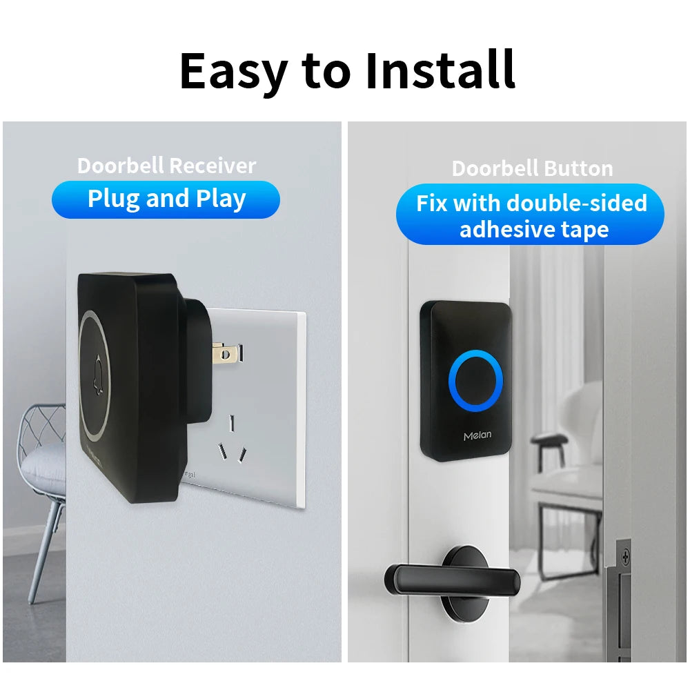 Meian Smart Home Doorbell Wireless Security Doorbell IP65 Waterproof Outdoor Door Bell 60 Songs 5 Volume Adjustable Chime Kit.