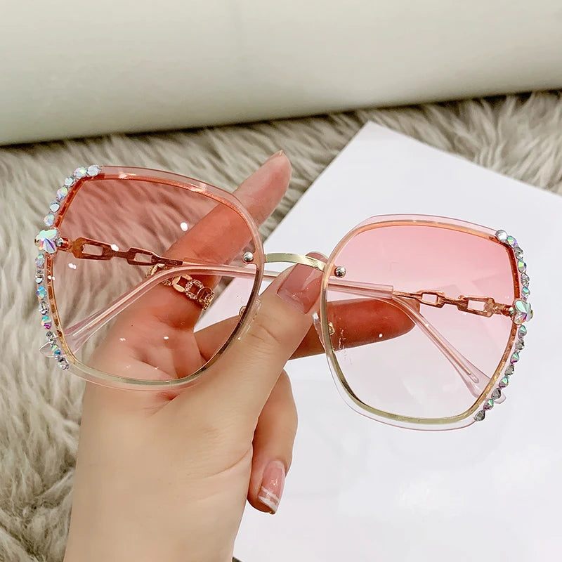 Rhinestone Decor Rimless Fashion Sunglasses For Women Men Casual Gradient Glasses For Summer Beach Party UV400.