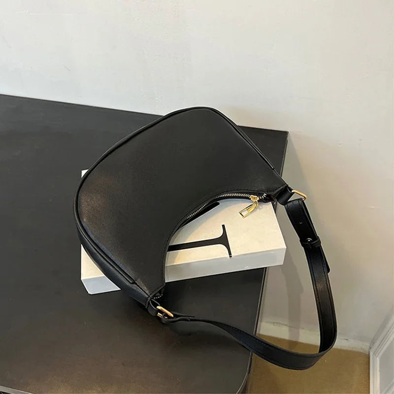 Women Luxury Solid Color PU Leather Shoulder Clutch Underarm Casual Tote Bag.