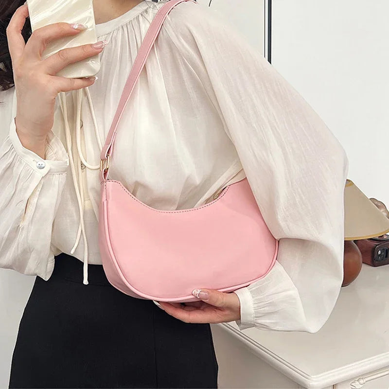 Women Luxury Solid Color PU Leather Shoulder Clutch Underarm Casual Tote Bag.