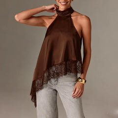 Women Y2k Mock Neck Halter Top Satin Lace Asymmetrical Hem Tank Tops Sleeveless Elegant Going Out Crop Tops.