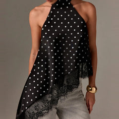 Women Y2k Mock Neck Halter Top Satin Lace Asymmetrical Hem Tank Tops Sleeveless Elegant Going Out Crop Tops.