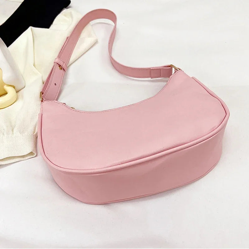 Women Luxury Solid Color PU Leather Shoulder Clutch Underarm Casual Tote Bag.