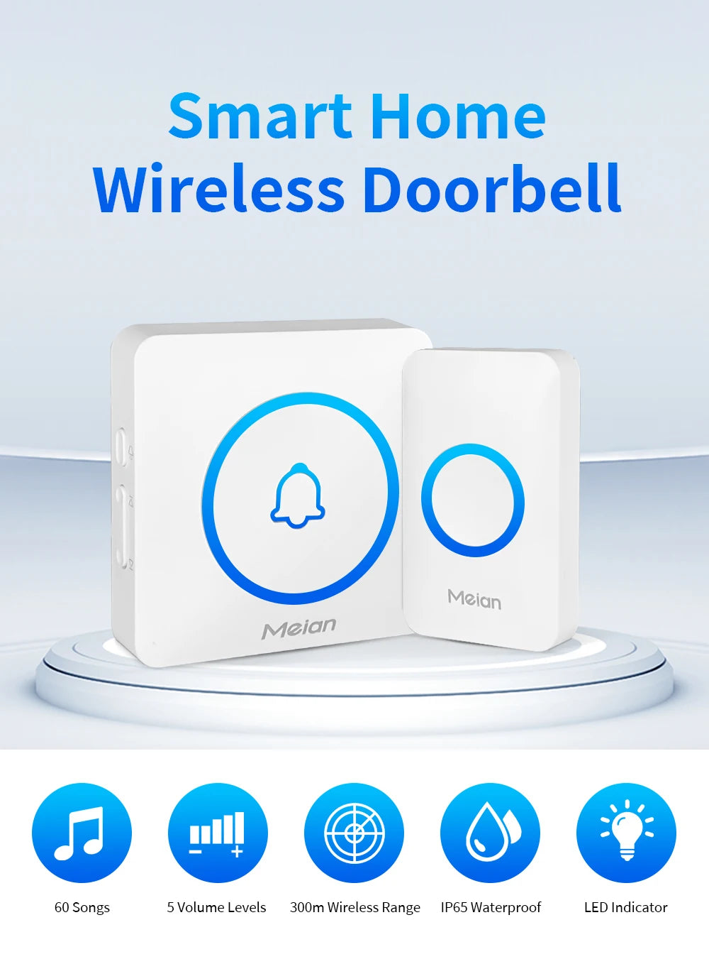 Meian Smart Home Doorbell Wireless Security Doorbell IP65 Waterproof Outdoor Door Bell 60 Songs 5 Volume Adjustable Chime Kit.