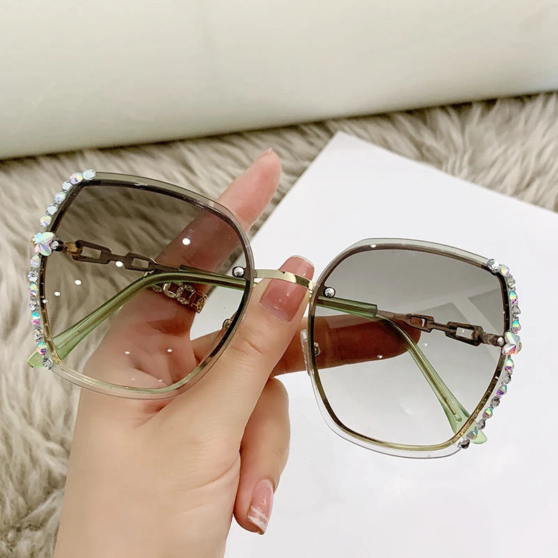 Rhinestone Decor Rimless Fashion Sunglasses For Women Men Casual Gradient Glasses For Summer Beach Party UV400.