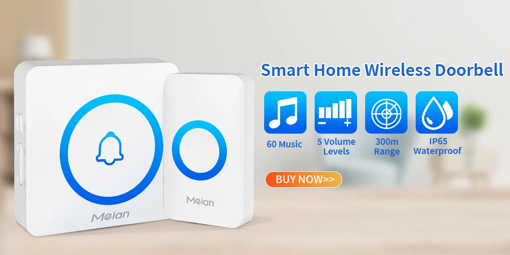 Meian Smart Home Doorbell Wireless Security Doorbell IP65 Waterproof Outdoor Door Bell 60 Songs 5 Volume Adjustable Chime Kit.