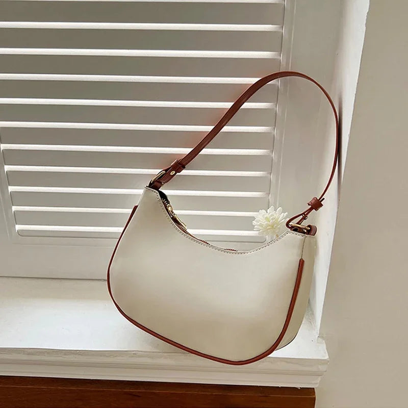 Women Luxury Solid Color PU Leather Shoulder Clutch Underarm Casual Tote Bag.