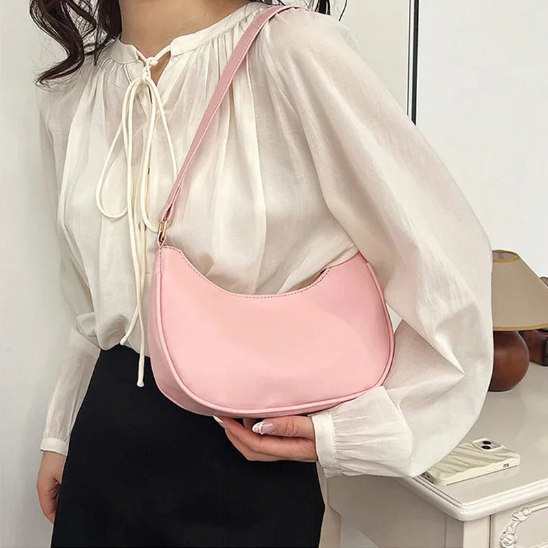 Women Luxury Solid Color PU Leather Shoulder Clutch Underarm Casual Tote Bag.